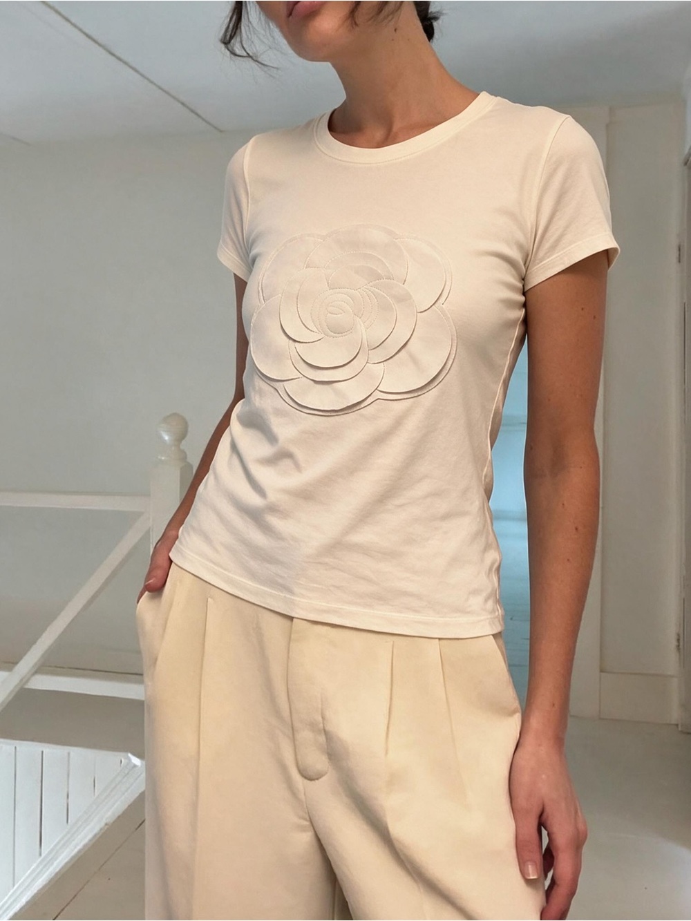 Chanel White Camellia 3D Patchwork Cotton T-Shirt